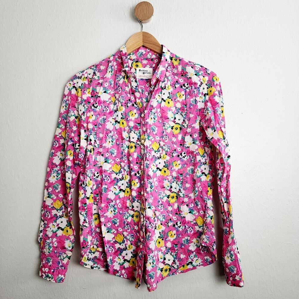 Holding Horses Anthropologie Isla Floral Button Down Shirt Pink Cotton Size 2